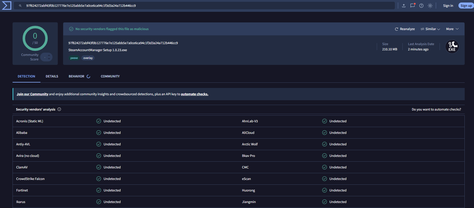 VirusTotal: 0 из 50 — SteamAccountManager Setup 1.0.23.exe не помечен как вредоносный